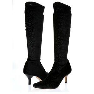 Donald J Pliner Black Leopard Jacquard‎ Knee High Boots Kitten Heel Size 6.5